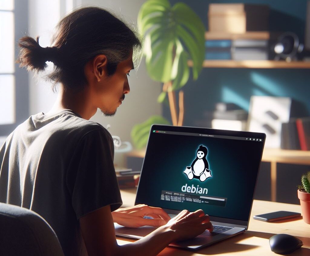 Mann, der Debian Linux auf seinem Notebook installiert